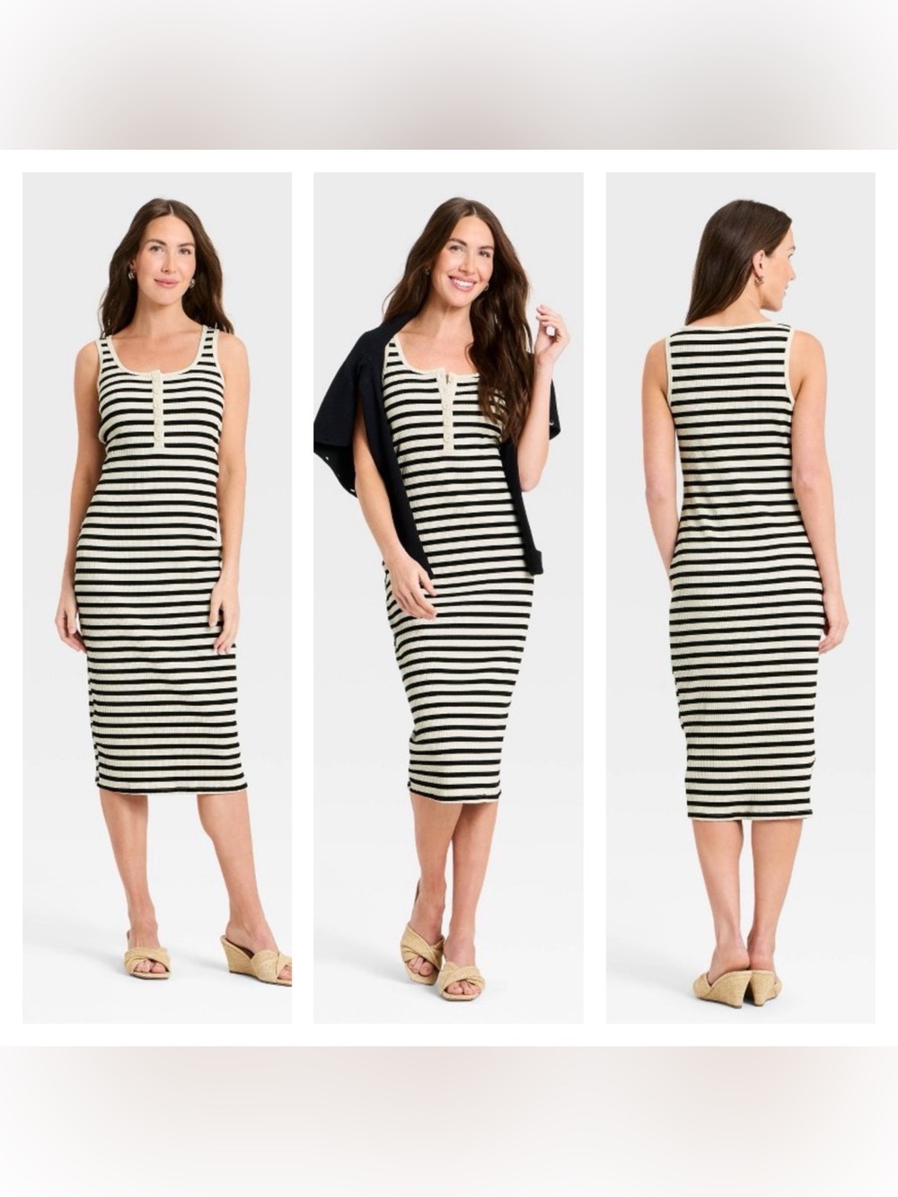 Wide Strap Sleeveless Midi Bodycon Dress | A New Day Crm/Whit Striped XL